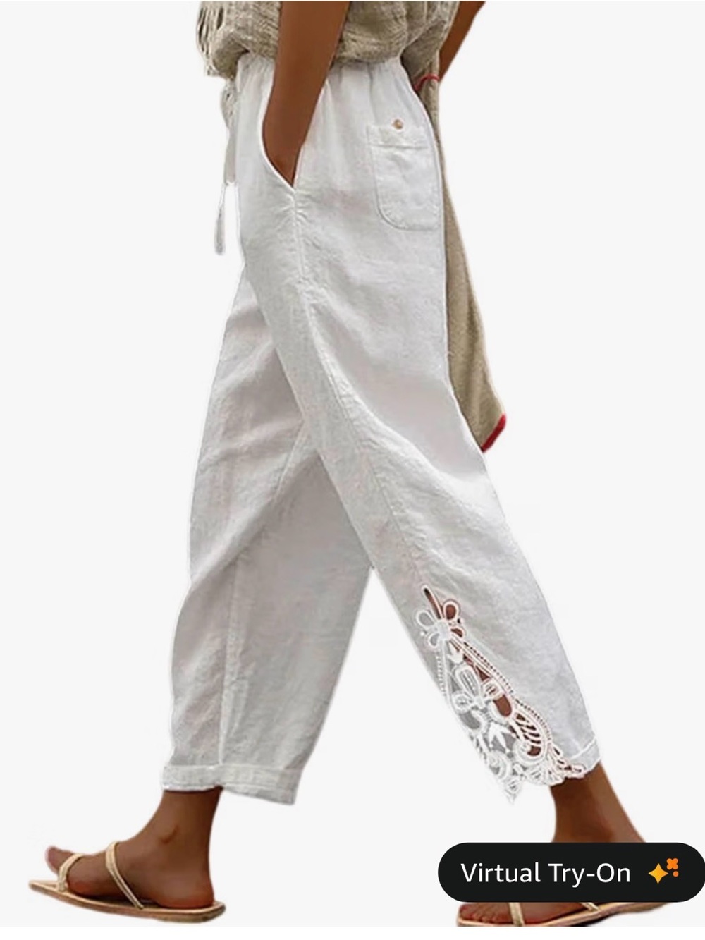 Women's White Cropped Linen Pants with Lace Hem Detail